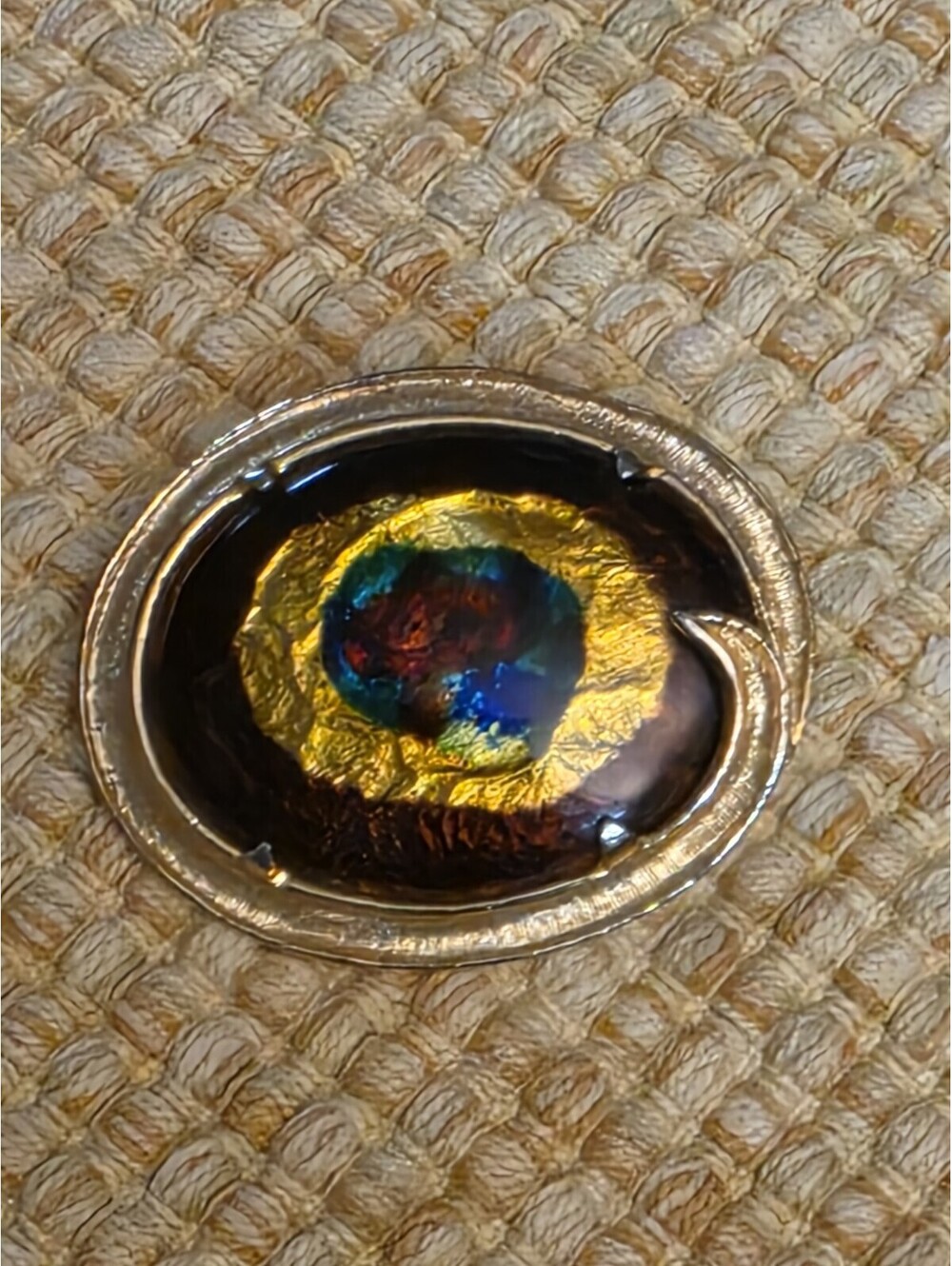 Vintage SPHINX Dichroic Foiled Peacock Eye Glass Oval Brooch Pin